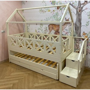 Кровать выкатная Домик Прованс-4 с лестницей-комодом Кровать выкатная Домик Прованс-4 с лестницей-комодом